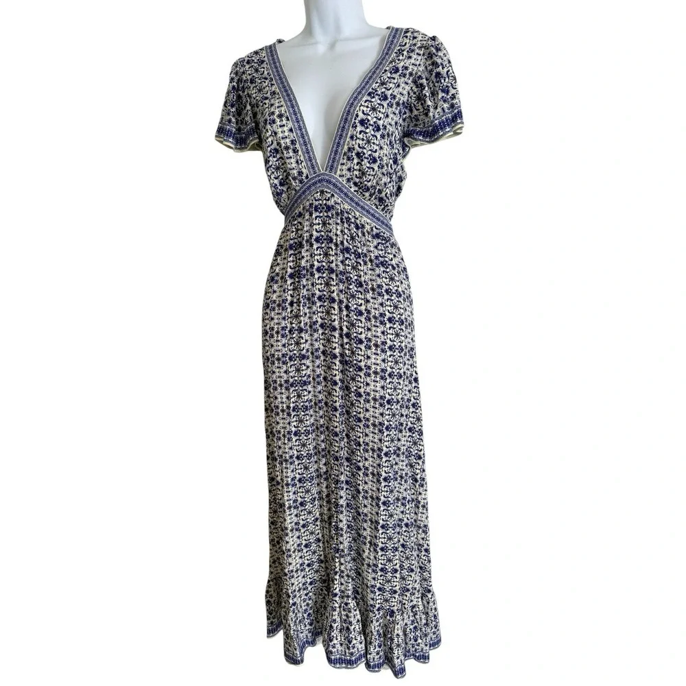 Boho Maxi Dress L Blue White Floral Deep V Empire Waist Cottagecore Vacation - Picture 3 of 10